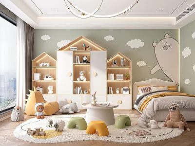 Cozy Kids Bedroom With Cartoon Wall Art And Storage Furniture 3d model