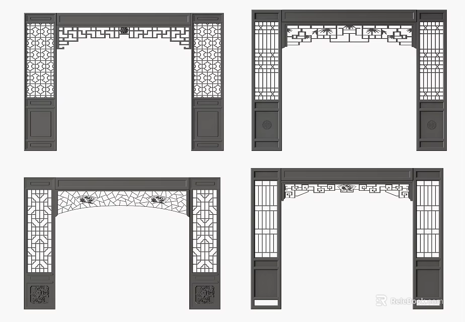 Traditional Chinese Archway Designs Featuring Intricate Carved Patterns and Lattice Details 3d model 
