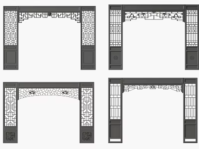 Traditional Chinese Archway Designs Featuring Intricate Carved Patterns and Lattice Details 3d model