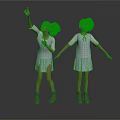 Two Young Girls in White Dresses and Gray Boots Pointing Up with Arms Outstretched on White Background