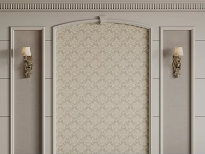 Elegant Modern Bedroom Accent Wall With Damask Wallpaper And Decorative Wall Sconces 3d model