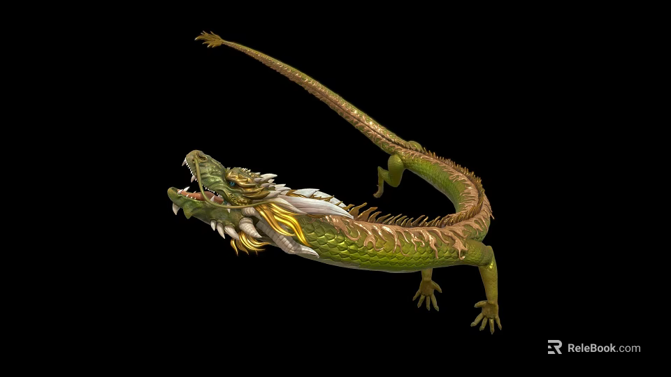 Mythical Flying Dragon With Green Scales Gold Mane And White Wing Details 3d model 