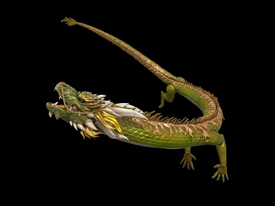 Mythical Flying Dragon With Green Scales Gold Mane And White Wing Details 3d model