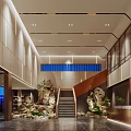 Modern Hotel Lobby Interior Design With Front Desk Marble Floor Staircase And Green Plants