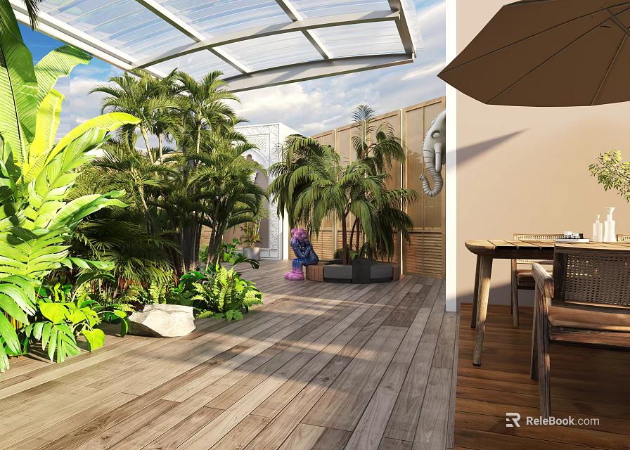 Tropical Garden Landscape With Glass Roof Wooden Deck Outdoor Seating And Lush Green Plants 3d model 