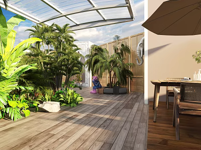 Tropical Garden Landscape With Glass Roof Wooden Deck Outdoor Seating And Lush Green Plants 3d model