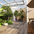 Tropical Garden Landscape With Glass Roof Wooden Deck Outdoor Seating And Lush Green Plants