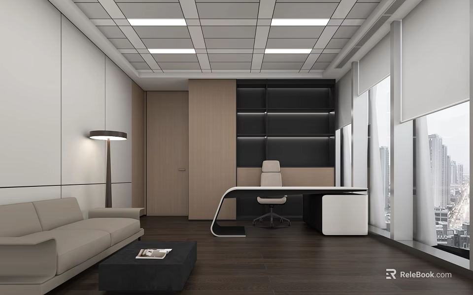 Modern Minimalist Office Interior With Sofa Coffee Table Desk And Large Windows 3d model 
