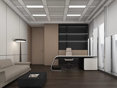 Modern Minimalist Office Interior With Sofa Coffee Table Desk And Large Windows 3d model