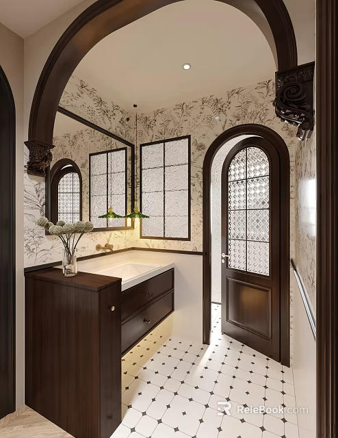 Elegant Bathroom Interior With Arched Door Decorative Mirror Wooden Vanity Gridded Windows And Patterned Wallpaper 3d model 