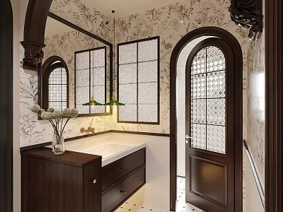 Elegant Bathroom Interior With Arched Door Decorative Mirror Wooden Vanity Gridded Windows And Patterned Wallpaper 3d model