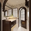 Elegant Bathroom Interior With Arched Door Decorative Mirror Wooden Vanity Gridded Windows And Patterned Wallpaper