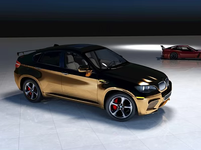 Luxury Golden Black SUV With Red Sports Car In Modern Bright Display Space Shiny Finish 3d model