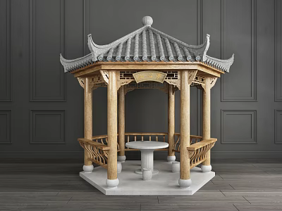 Traditional Chinese Hexagonal Pavilion With Wooden Structure Gray Tiled Roof White Base And Stone Table 3d model