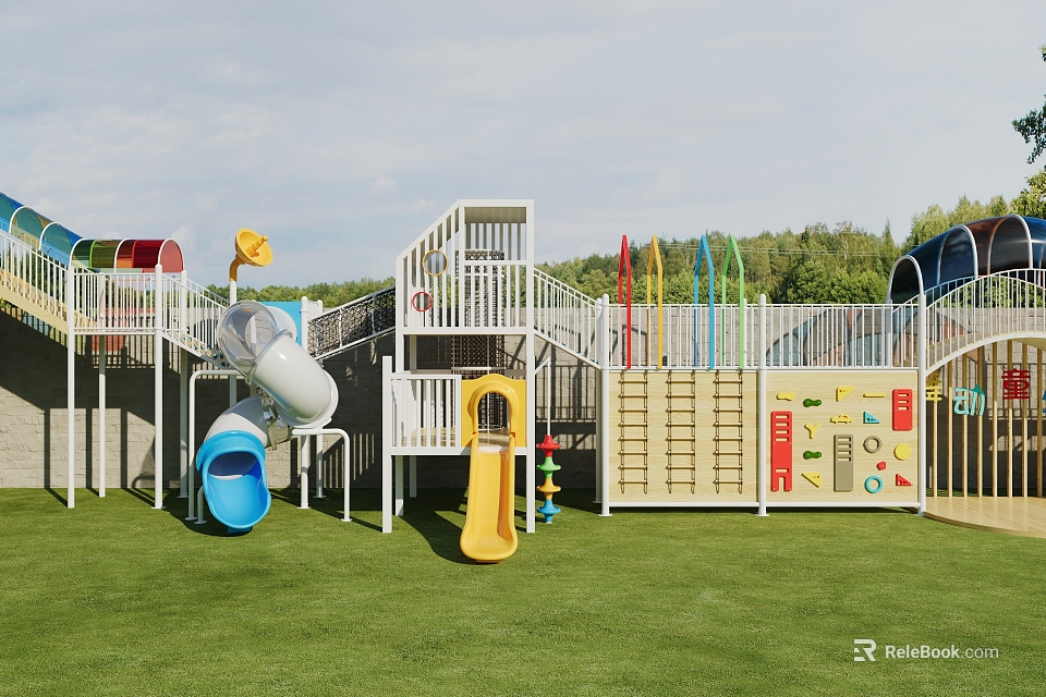 Outdoor Playground Equipment With Slides Climbing Structures And Activity Panels 3d model 