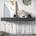 Modern Console Table with Gold Legs Artwork and Circular Mirrors on Textured Wall 3d model