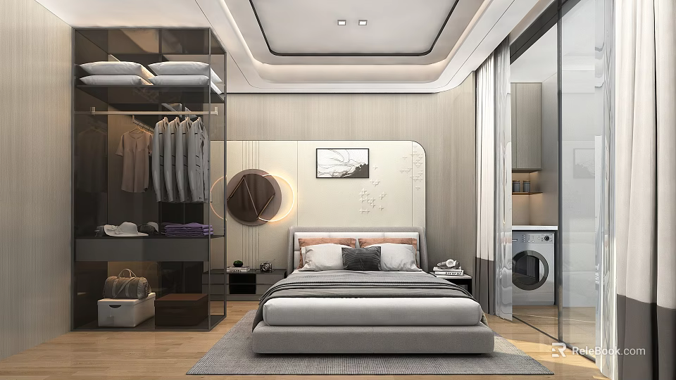 Modern Light Luxury Bathroom With Washing Machine And Glass Partition Beside Stylish Master Bedroom 3d model 