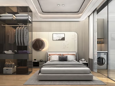 Modern Light Luxury Bathroom With Washing Machine And Glass Partition Beside Stylish Master Bedroom 3d model
