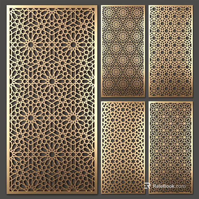 Gold Decorative Partition With Intricate Laser Cut Ornate Patterns For Interior Decoration 3d model