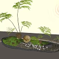Miniature Garden Design With Green Ferns Moss Yellow Ornament And Stones