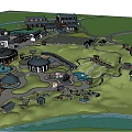 Resort Leisure Area Layout With Circular Buildings Swimming Pool Outdoor Seating Paths And Water Body