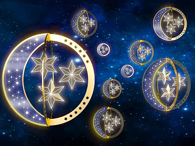 Gold And Blue Moon Art Installation With Star Patterns And Small Decorations On Starry Sky 3d model