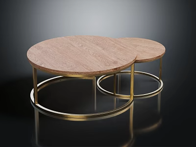 Modern Nested Round Coffee Tables With Wooden Top And Gold Metal Legs 3d model
