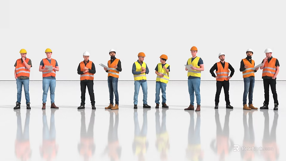 Group of Construction Workers in Safety Vests and Hard Hats Standing in Line Holding Documents 3d model 