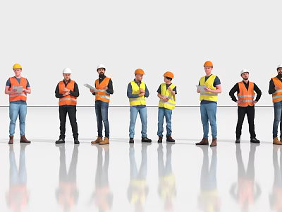 Group of Construction Workers in Safety Vests and Hard Hats Standing in Line Holding Documents 3d model