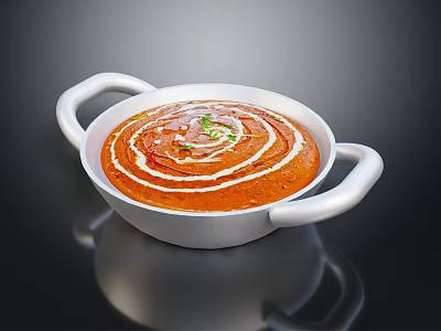 Creamy Red Soup With White Swirls And Green Garnish In White Bowl 3d model