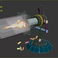 Flamethrower Device 3D Model With Flames Ejecting From Nozzle And Scattered Bullets Around Base