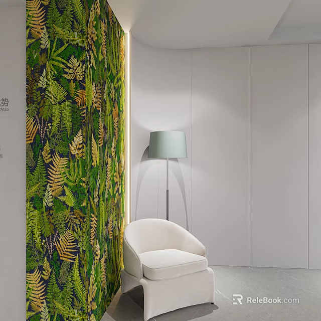 White Upholstered Single Sofa With Green Floor Lamp And Botanical Wallpaper 3d model 