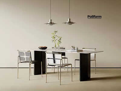 Modern Dining Table Set With Chairs Bowl And Decorative Plant 3d model
