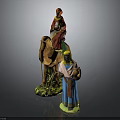 Painted Camel Figurine on Grassy Base with Person Riding and Standing Figure Holding Water Jug