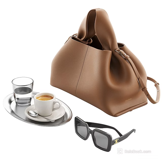 Brown Leather Handbag With Coffee Cup Water Glass Tray And Sunglasses 3d model 