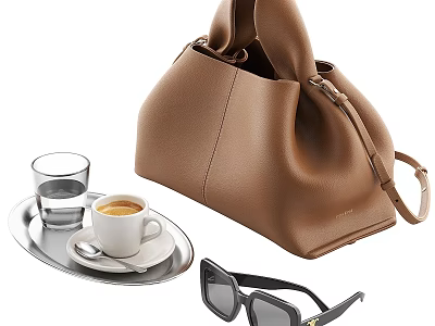 Brown Leather Handbag With Coffee Cup Water Glass Tray And Sunglasses 3d model