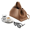 Brown Leather Handbag With Coffee Cup Water Glass Tray And Sunglasses