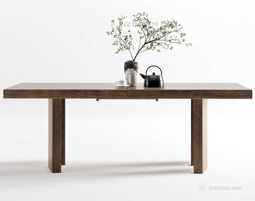 Wooden Dining Table With Green Plant Teapot And Cup On Top 3d model 
