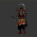 Fantasy Warrior Character With Mythical Creature Headpiece And Ornate Red Gold Costume