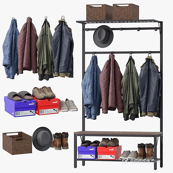 Clothes Storage And Display With Coats Hats And Shoes 3d model 