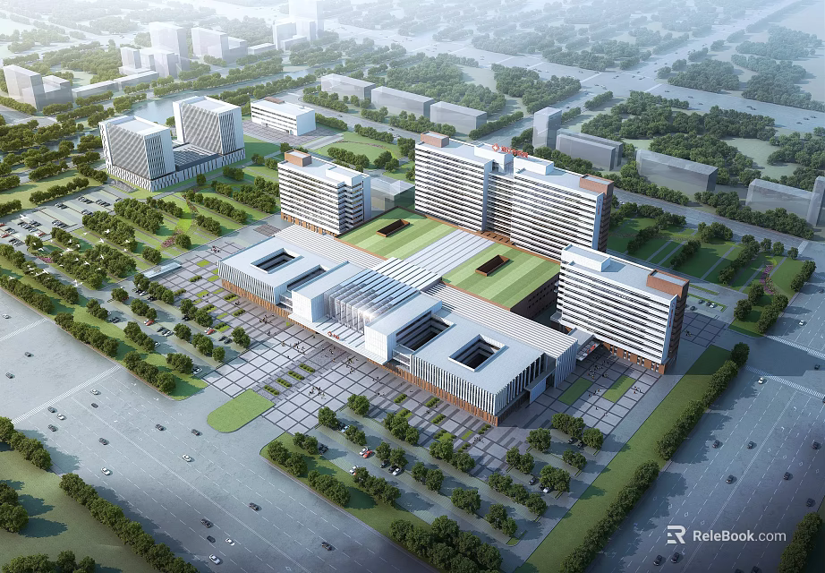 Modern Hospital Building Complex With Green Landscaping Multiple Buildings And Parking Areas 3d model 