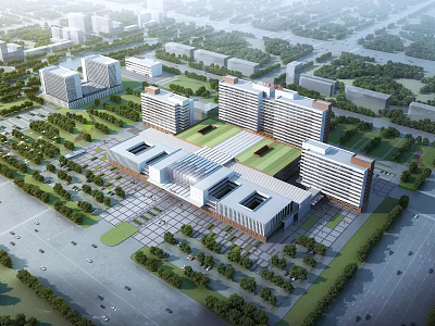 Modern Hospital Building Complex With Green Landscaping Multiple Buildings And Parking Areas 3d model