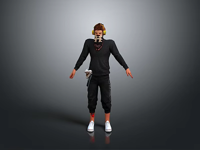 A Man Wearing Black Sweater With Headphones Scarf And White Sneakers 3d model