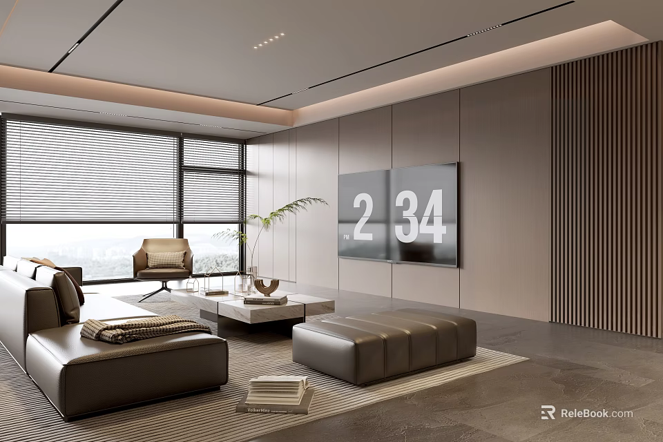 Modern Living Room With Large Windows Blinds Dark Leather Sofa Coffee Table And Ottoman 3d model 