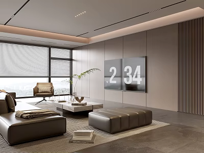 Modern Living Room With Large Windows Blinds Dark Leather Sofa Coffee Table And Ottoman 3d model