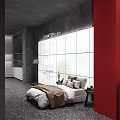 Carnation Exhibition Space With Red Pillars Gray Walls And Display Beds