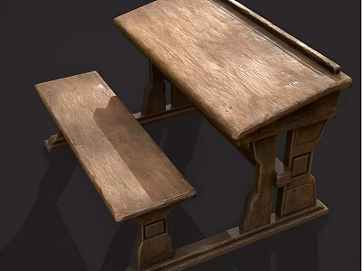 Vintage Solid Wood Wooden Desk With Matching Bench Natural Wood Grain And Classic Design 3d model