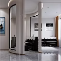 Modern School Reception Area Interior With Archways Red Chairs And Marble Floor