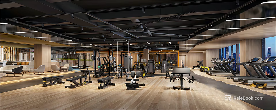 Modern Gym With Various Fitness Equipment Wooden Floor And Black Ceiling Beams 3d model 