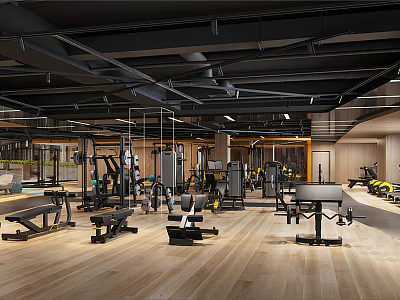 Modern Gym With Various Fitness Equipment Wooden Floor And Black Ceiling Beams 3d model